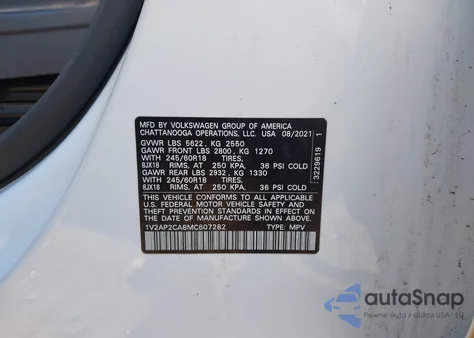 2021 Volkswagen Atlas 2.0T S z USA, uszkodzony, nr VIN 1V2AP2CA8MC607282